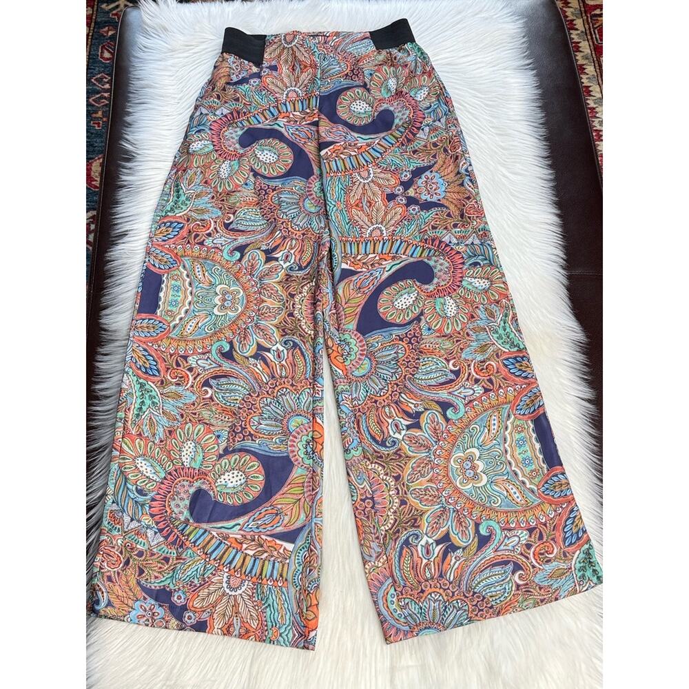 Zara Orange and Navy Paisley Wide Leg Pants - Picture 2 of 6